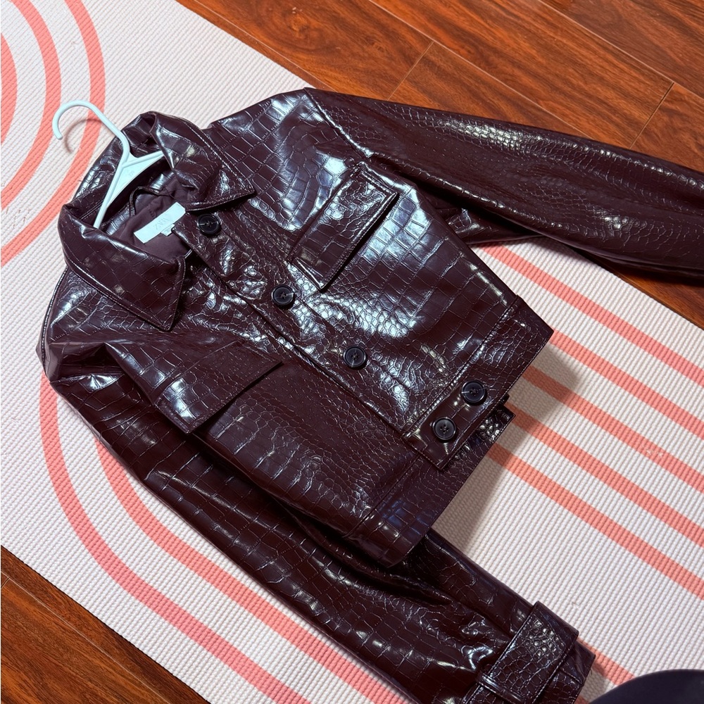 Zara Cropped Patent Leather Jacket - Dark Brown - Picture 3 of 12